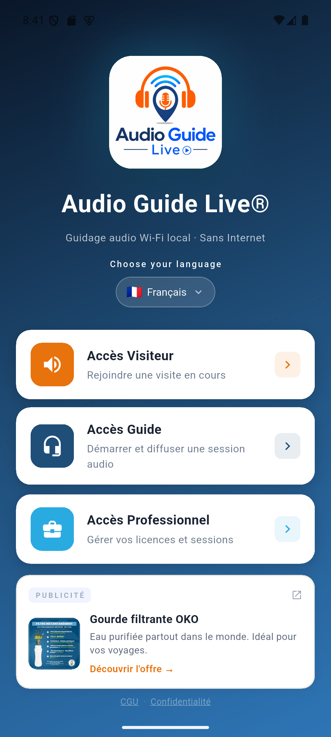 Audio Guide Live — écran d'accueil